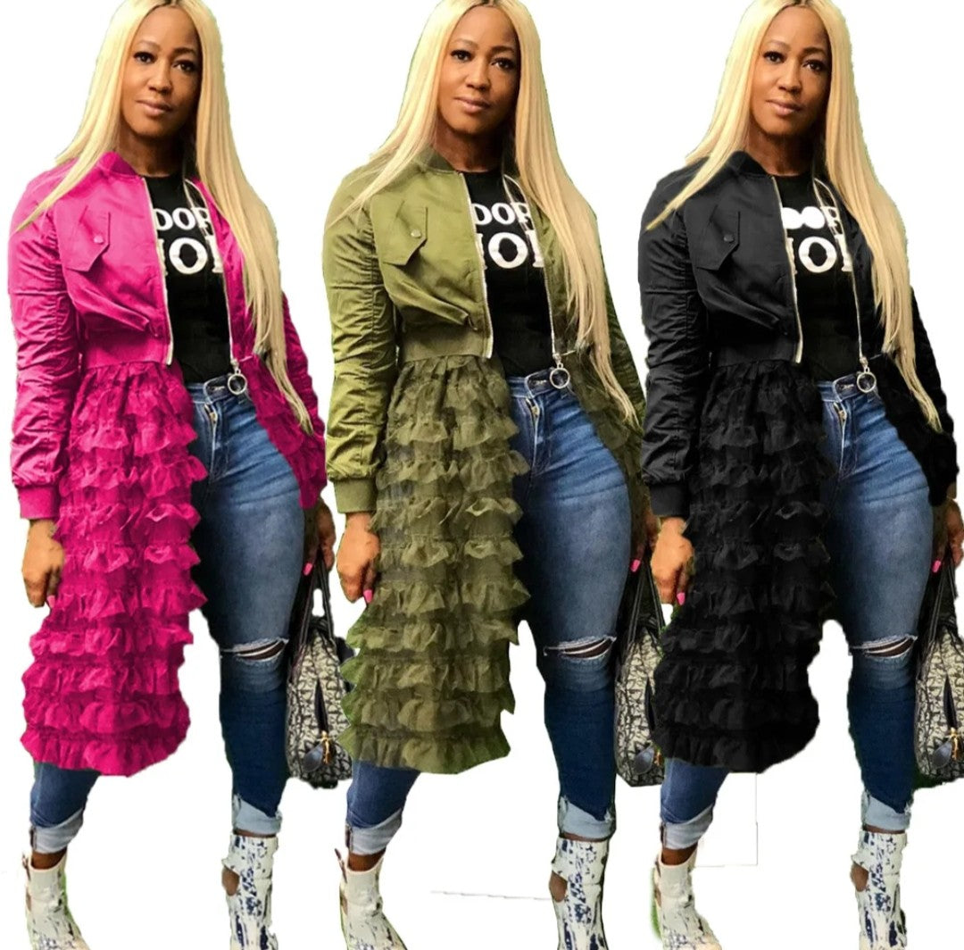 (Free Shipping)(Tariffs included in price) Spring fashion dress patch mesh ruffle woman zip long jacket coat