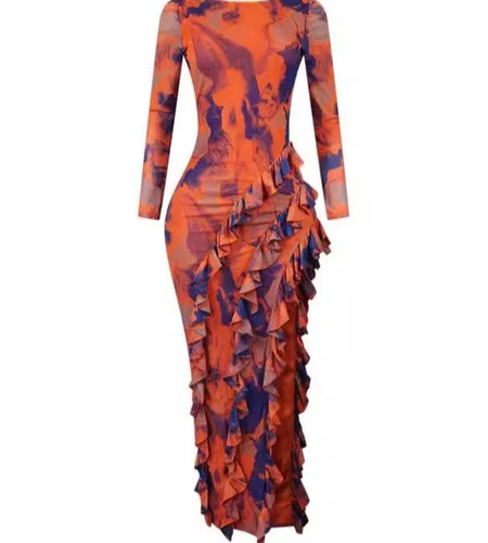 (Free Shipping)(Tariffs included in price) Women Fashion Printed dress Sexy Backless Irregular Split Skirt