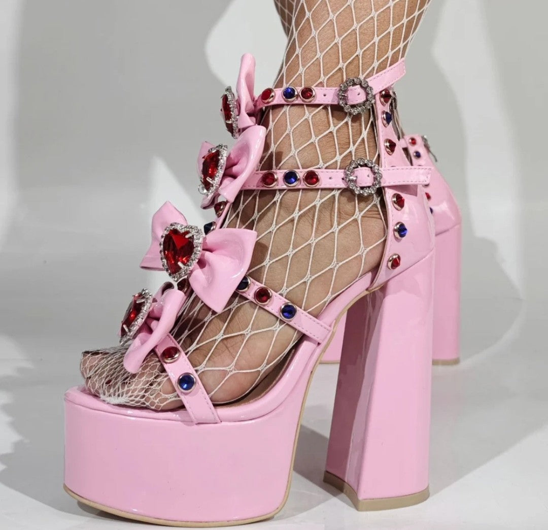 Women's Rhinestone Bow Dress Shoes High Chunky Platform Heels Colorful Sandals Ankle Strap Pink Pumps