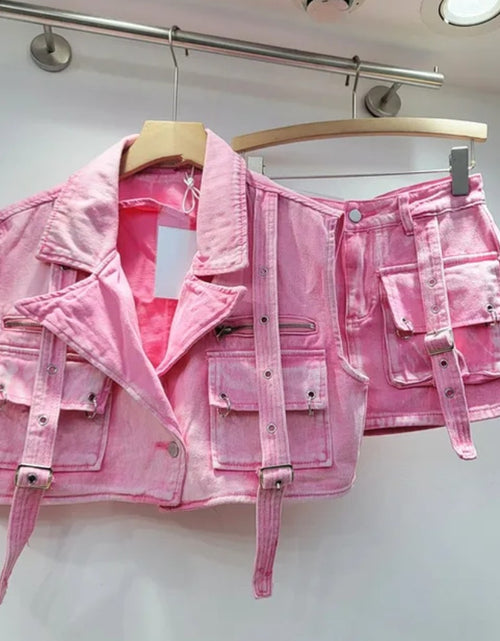 Load image into Gallery viewer, (Free Shipping) Women's denim clothes set vest and mini pocket skirt two-piece set for women denim cargo set
