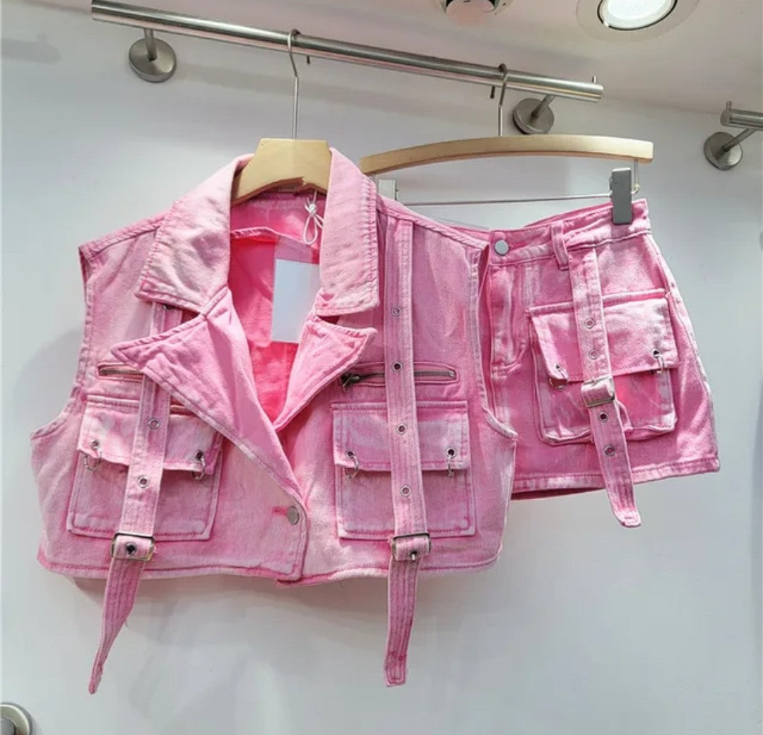 (Free Shipping) Women's denim clothes set vest and mini pocket skirt two-piece set for women denim cargo set