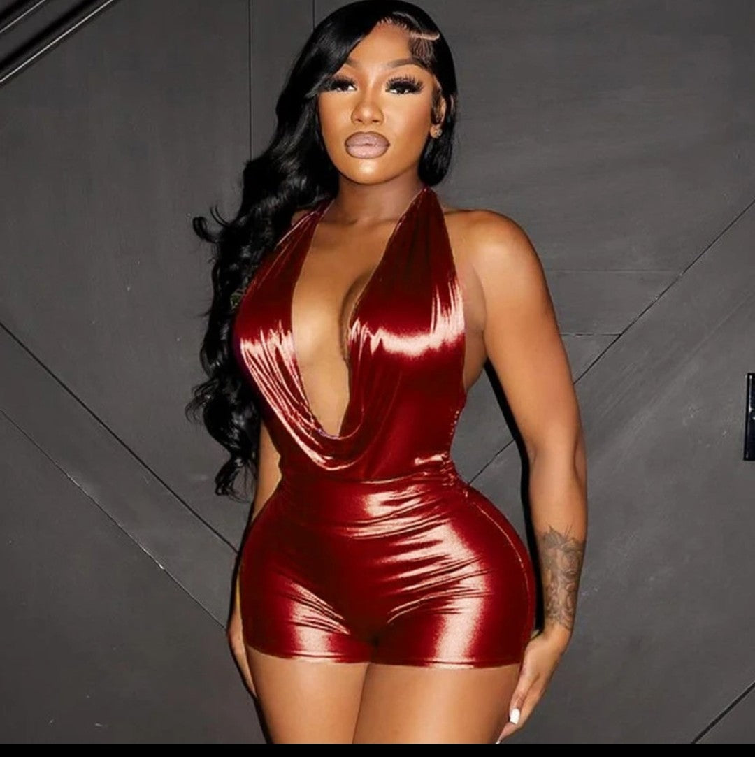 (Free Shipping)(Tariffs included in price) New Summer Women's Metallic Halter Swinging Collar Backless Top Short Jumpsuit