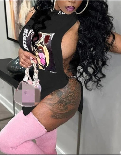 Load image into Gallery viewer, (Free Shipping)(Tariffs included in price) HigH Neck Letter Print Sexy Hollow Sleeveless Tank Dress Spicy Girl Loose T-shirt For Women
