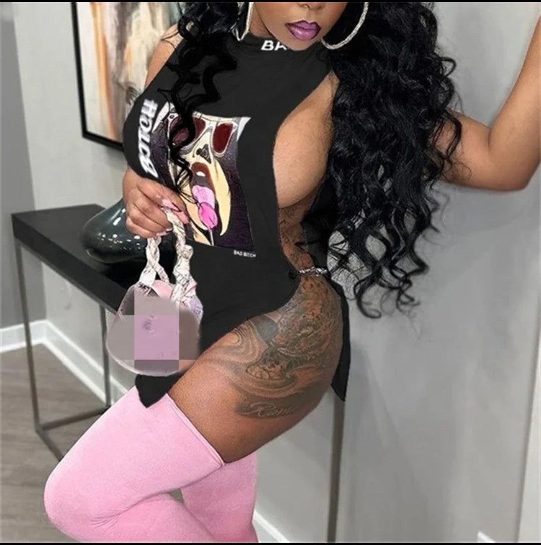 (Free Shipping)(Tariffs included in price) HigH Neck Letter Print Sexy Hollow Sleeveless Tank Dress Spicy Girl Loose T-shirt For Women