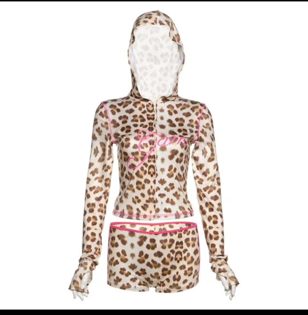 (Free Shipping)(Tariffs included in price) Sporty Leopard Print Women Tracksuit 2piece Set Hooded Jacket+Biker Shorts