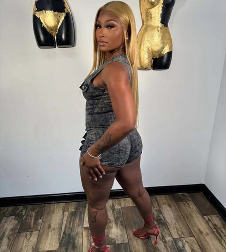 (Free Shipping)(Tariffs included in price) Sexy Sleeveless Denim Rompers Women Button Zipper Cargo Pockets