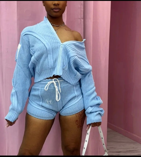 (Free Shipping)(Tariffs included in price) Loose Sports Sweater Top High Waist Shorts 2 Piece Set For Women