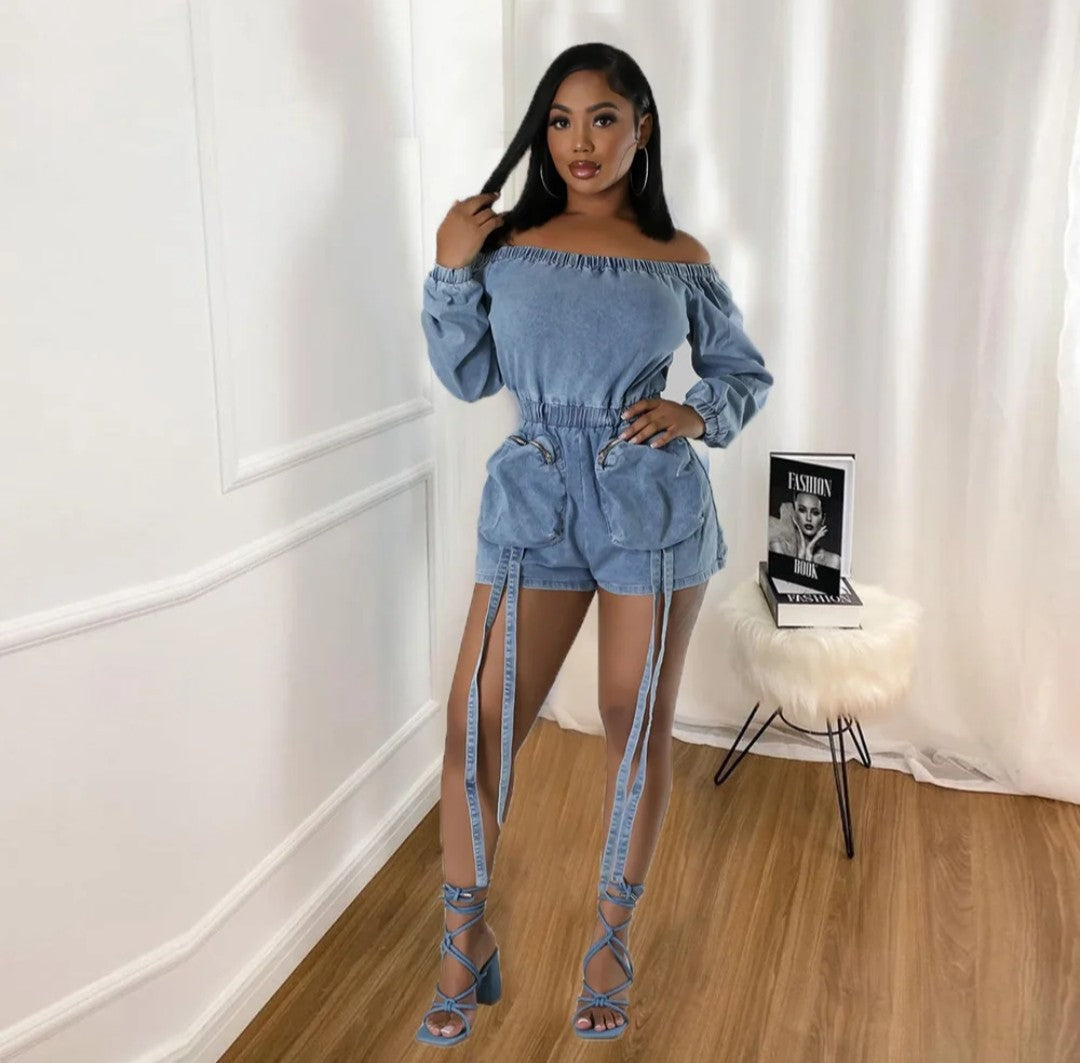 (Free Shipping)(Tariffs included in price) Wholesale popular trendy fall women clothes denim jeans off shoulder shorts jumpsuit