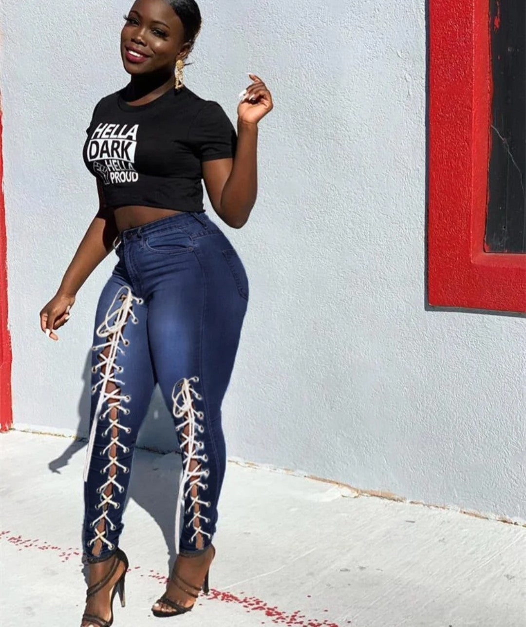 (Free Shipping)(Tariffs included in price) High waist plus size woman jeans eyelet bandage fashion tiny leg women skinny jeans