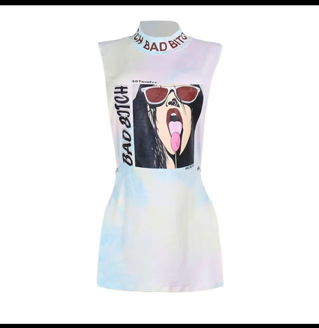 (Free Shipping)(Tariffs included in price) HigH Neck Letter Print Sexy Hollow Sleeveless Tank Dress Spicy Girl Loose T-shirt For Women