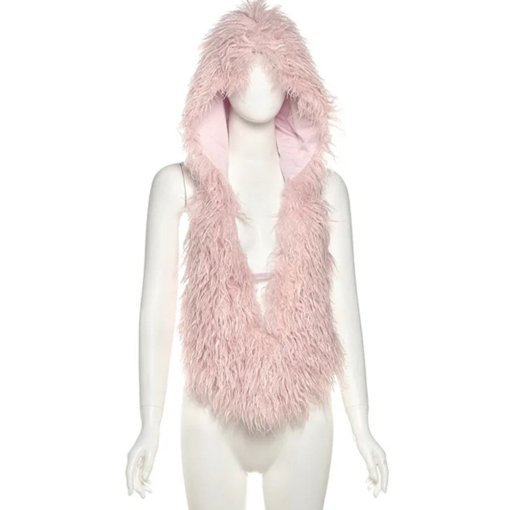 (Free Shipping)(Tariffs included in price) 2025 Fall Winter Fuax Fur Hooded Vests Coat Women Fashion Sleeveless Backless Furry Warm Outwear Tops