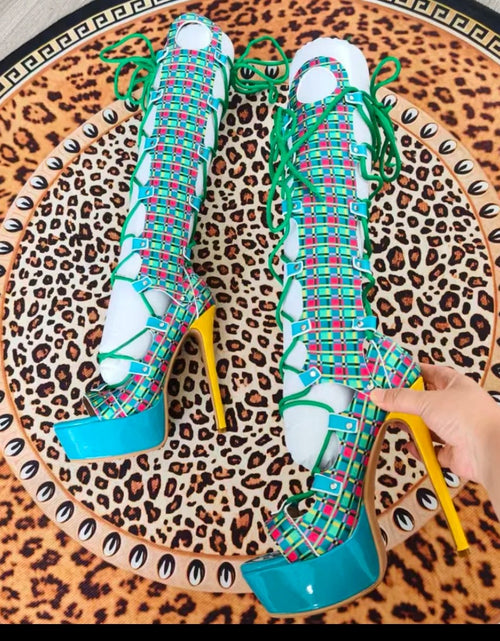 Load image into Gallery viewer, (Free Shipping) Summer Peep Toe Plaid Print Platform Knee High Boots Women's Lace Up Sandals High Heeled Long Cut Out
