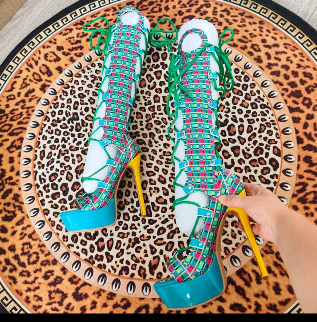 (Free Shipping) Summer Peep Toe Plaid Print Platform Knee High Boots Women's Lace Up Sandals High Heeled Long Cut Out