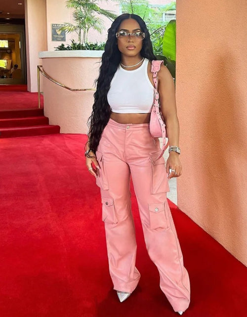 Load image into Gallery viewer, (Free Shipping)(Tariffs included in price) Women's cargo pants and trouser pu leather sweatpants track ladies joggers long pants fall winter with pockets
