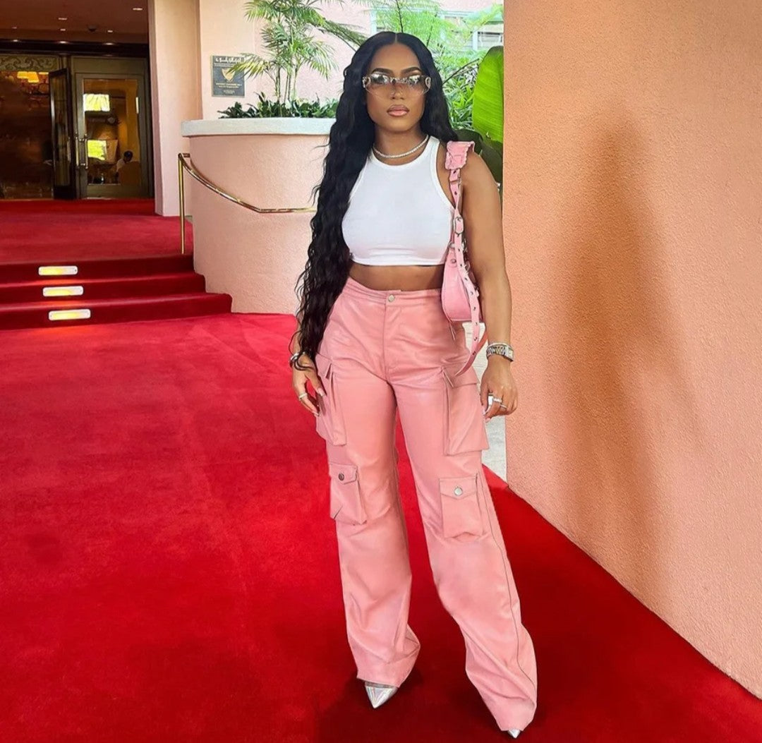 (Free Shipping)(Tariffs included in price) Women's cargo pants and trouser pu leather sweatpants track ladies joggers long pants fall winter with pockets