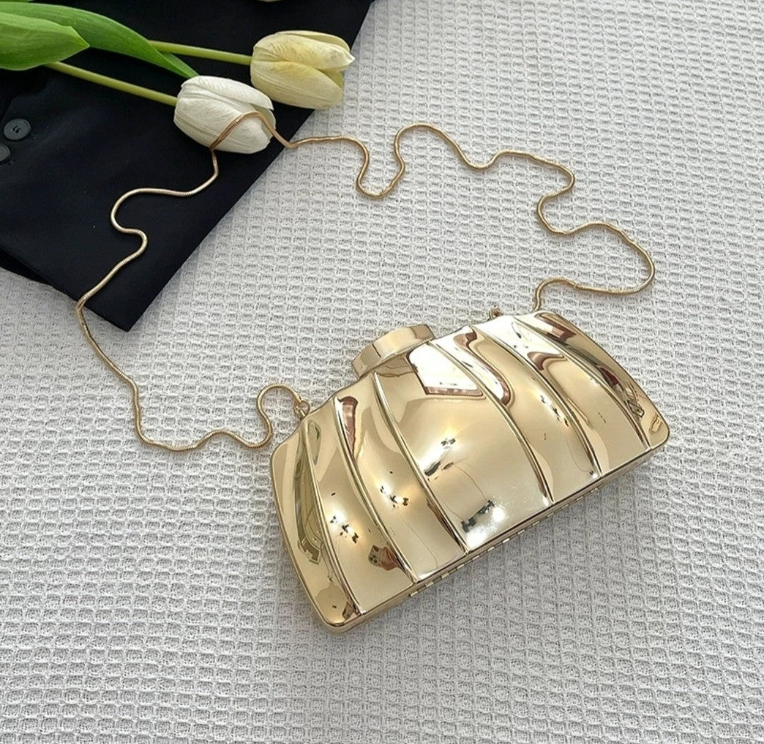 (Free Shipping)(Tariffs included in price) Designer Acrylic Square/Oval Shape Clutch Bag Gold Women Evening Party Bag Shiny Metal Shoulder Crossbody Bags Small Purse