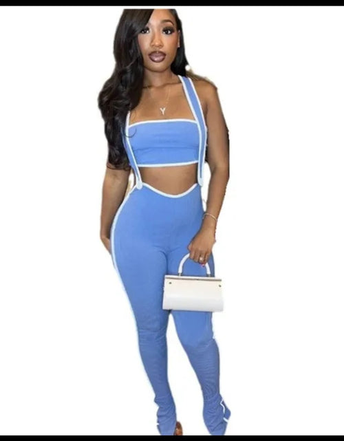 Load image into Gallery viewer, (Free Shipping)(Tariffs included in price) Women's New Stretch Pin Strip Sexy Chest Wrap Suspender Trousers Stylish Casual Suit Two-Piece Set

