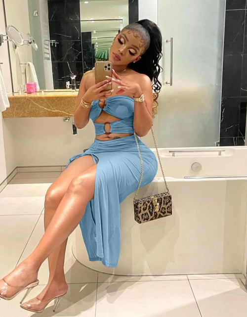 Load image into Gallery viewer, (Free Shipping)(Tariffs included in price) Women Dress Buckles with umbilical hollowed out bifurcate and pleated sexy dress cut-out at the waist and a high slit
