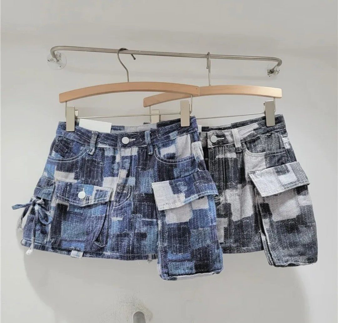 (Free Shipping) Women's denim mini skirt contrasting color multiple pocket patchwork cargo mini skirt