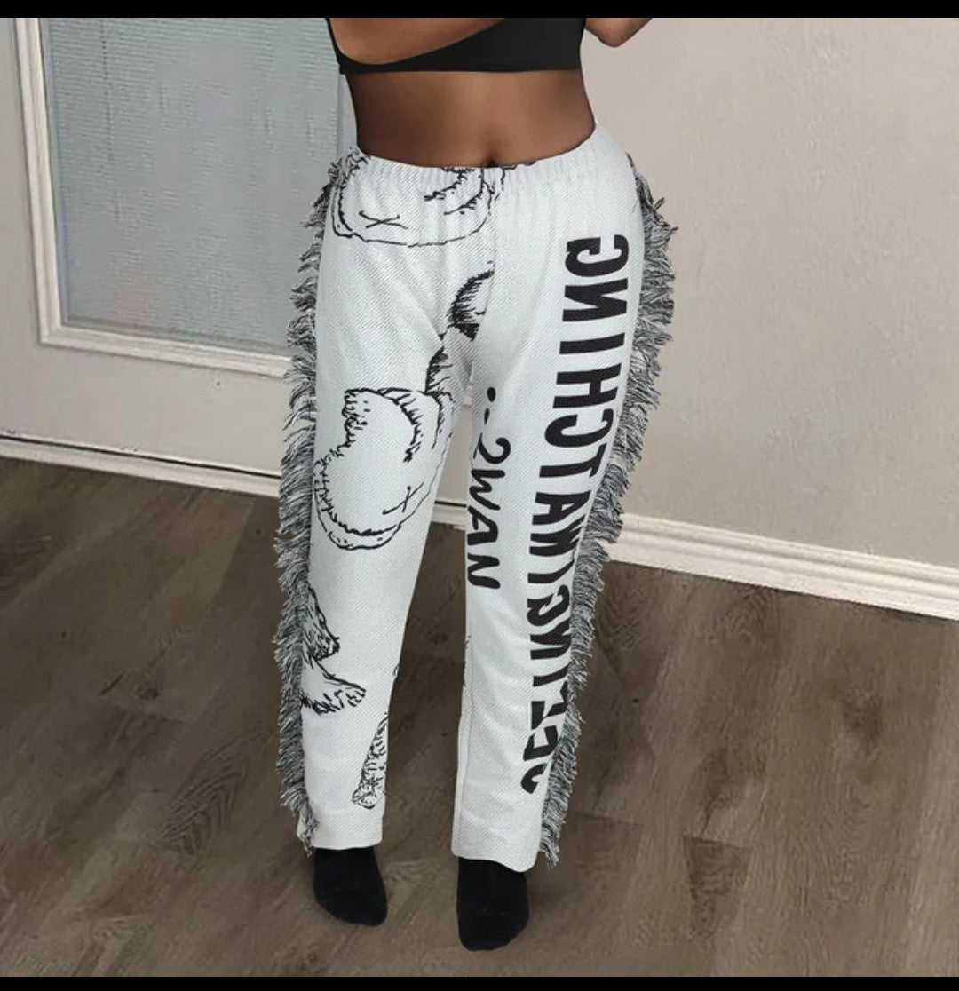 (Free Shipping)(Tariffs included in price) Hot Tassel Print Pants For  Women High Waist Skinny Straight Pants Casual Vintage Long Trousers