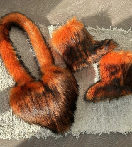 (Free Shipping)(Tariffs included in price) Fashion Forward Fur Shoulder Handbags Spicy Girls Faux Fur Boots and Bag Set Women Purse Furry Boots Matching Set