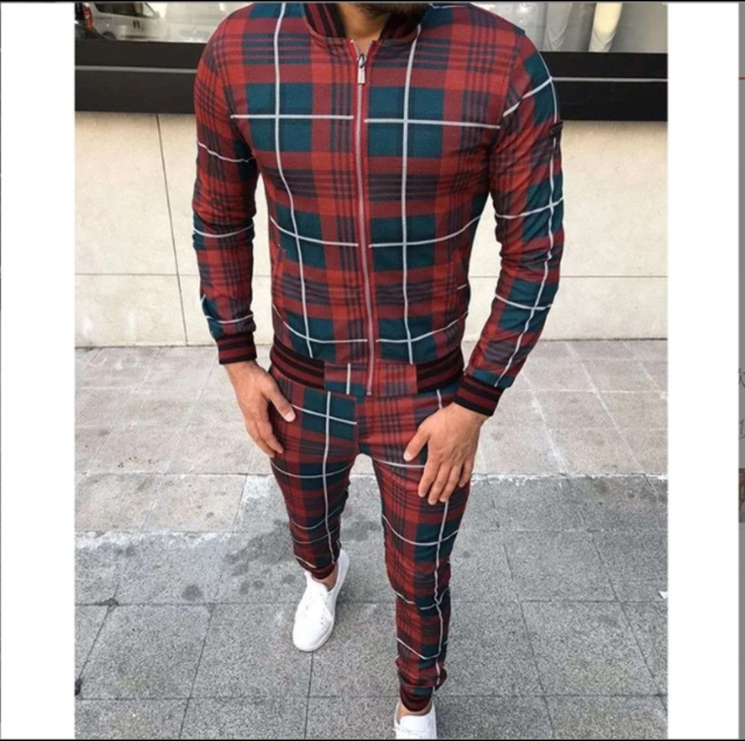 (Free Shipping)(Tariffs included in price) Men's Fashion Printed Comfortable Plaid Jogging Suit Casual Leisure Sports Set