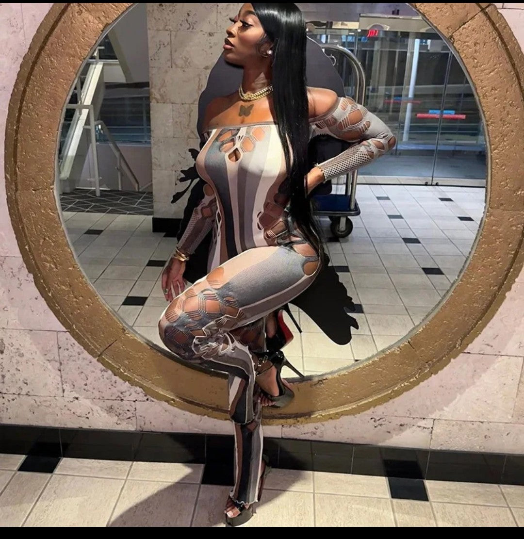 (Free Shipping)(Tariffs included in price) Sexy Hollowed Out Long Sleeve Jumpsuit Women's Romper Slim Off Shoulder Playsuit