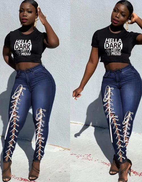 Load image into Gallery viewer, (Free Shipping)(Tariffs included in price) High waist plus size woman jeans eyelet bandage fashion tiny leg women skinny jeans
