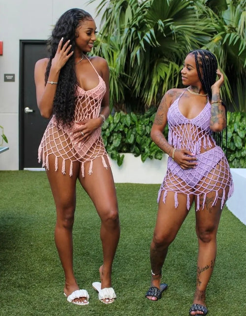 Load image into Gallery viewer, (Free Shipping)(Tariffs included in price) Crochet 2 piece Bikini Set Beach Swimwear Women's Tassel Solid Color Swimsuit
