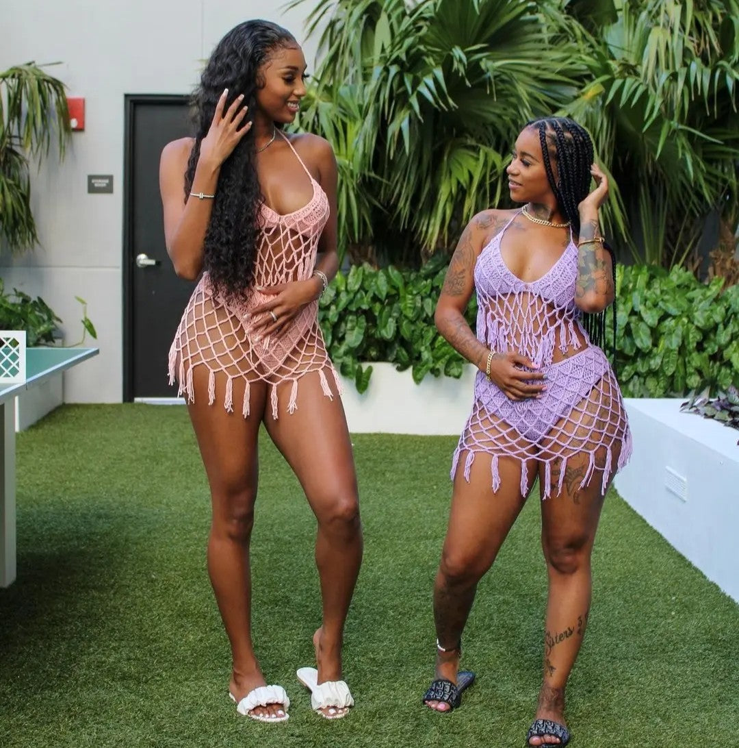 (Free Shipping)(Tariffs included in price) Crochet 2 piece Bikini Set Beach Swimwear Women's Tassel Solid Color Swimsuit