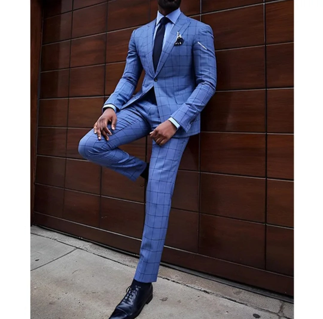 (Free Shipping)Men's 2 Piece Plaid Blazer Digital Print Suit Jacket with Zipper Fly Business Style