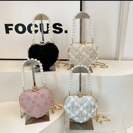 (Free Shipping)(Tariffs included in price) Luxury Lace Flower Heart Shape Pearl Handle Clutch Purse Diamond Evening Wedding Party Shoulder Bag Handle Rose Floral Handbags