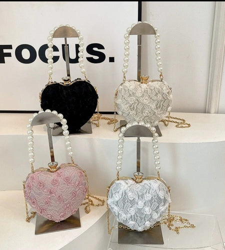 (Free Shipping)(Tariffs included in price) Luxury Lace Flower Heart Shape Pearl Handle Clutch Purse Diamond Evening Wedding Party Shoulder Bag Handle Rose Floral Handbags