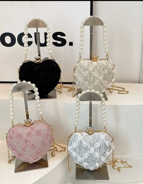 Load image into Gallery viewer, (Free Shipping)(Tariffs included in price) Luxury Lace Flower Heart Shape Pearl Handle Clutch Purse Diamond Evening Wedding Party Shoulder Bag Handle Rose Floral Handbags
