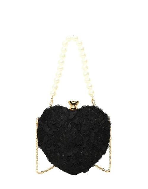 Load image into Gallery viewer, (Free Shipping)(Tariffs included in price) Luxury Lace Flower Heart Shape Pearl Handle Clutch Purse Diamond Evening Wedding Party Shoulder Bag Handle Rose Floral Handbags
