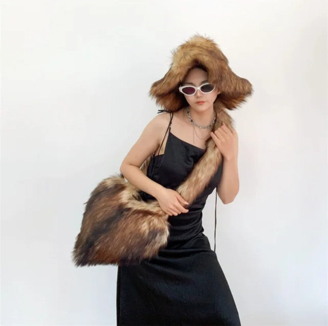 (Free Shipping)(Tariffs included in price)Designer Women's Luxury Furry Racoon Handbag Faux Fur Hat and Bag