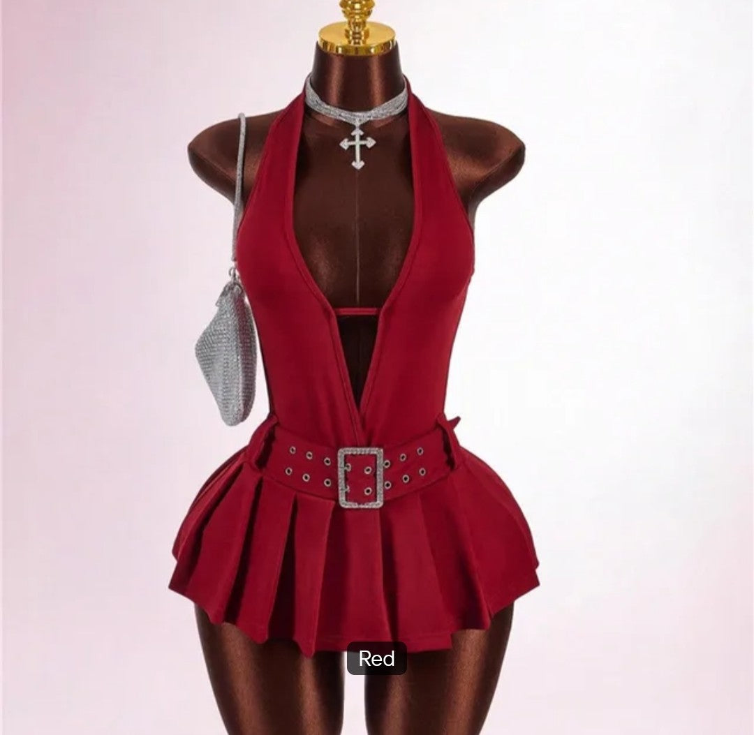 Fashion Deep V Backless A-line Mini Dresses Women Sleeveless Backless Lace up Slim Pleated Dress