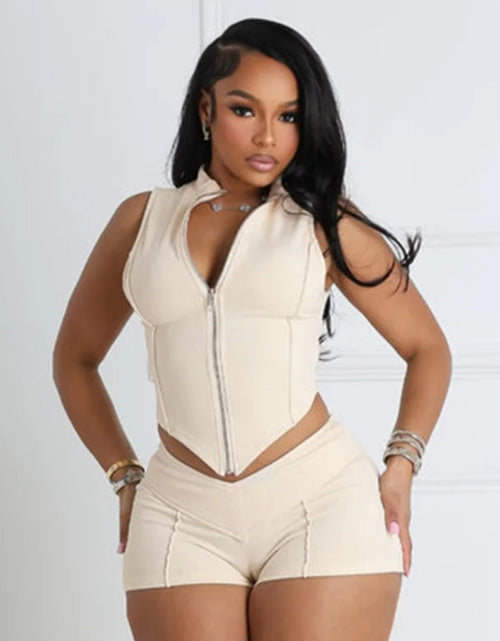 Load image into Gallery viewer, (Free Shipping)(Tariffs included in price) Womens high waist cropped sleeveless two piece short set spring summer solid casual skinny zipper turn collar
