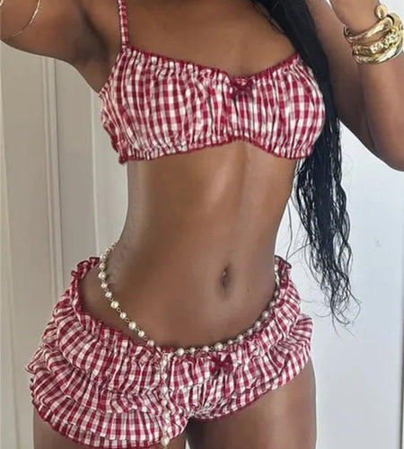 (Free Shipping)(Tariffs included in price) Plaid 2 Piece Beach Set Elastic Camisole+Ruched Shorts