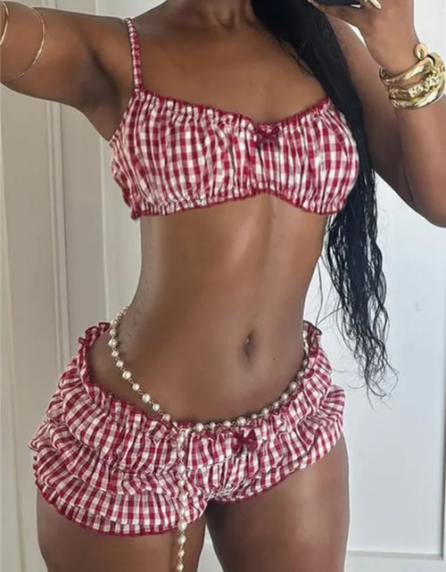 Load image into Gallery viewer, (Free Shipping)(Tariffs included in price) Plaid 2 Piece Beach Set Elastic Camisole+Ruched Shorts
