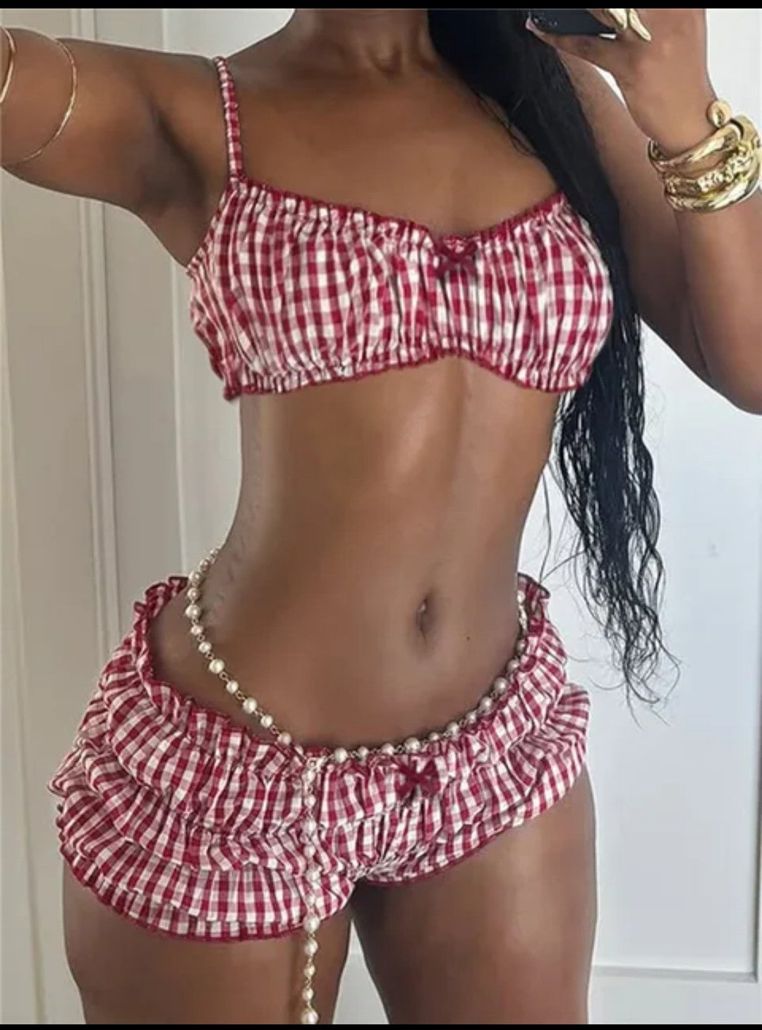 (Free Shipping)(Tariffs included in price) Plaid 2 Piece Beach Set Elastic Camisole+Ruched Shorts
