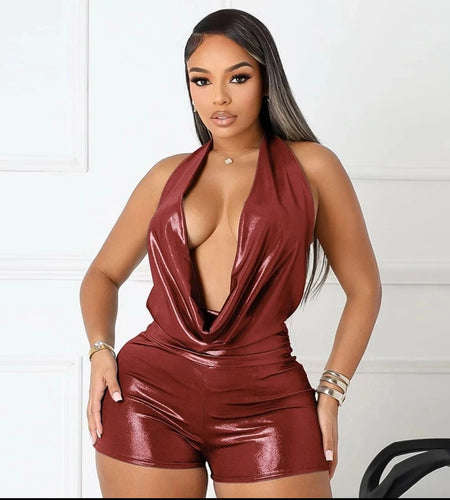(Free Shipping)(Tariffs included in price) New Summer Women's Metallic Halter Swinging Collar Backless Top Short Jumpsuit