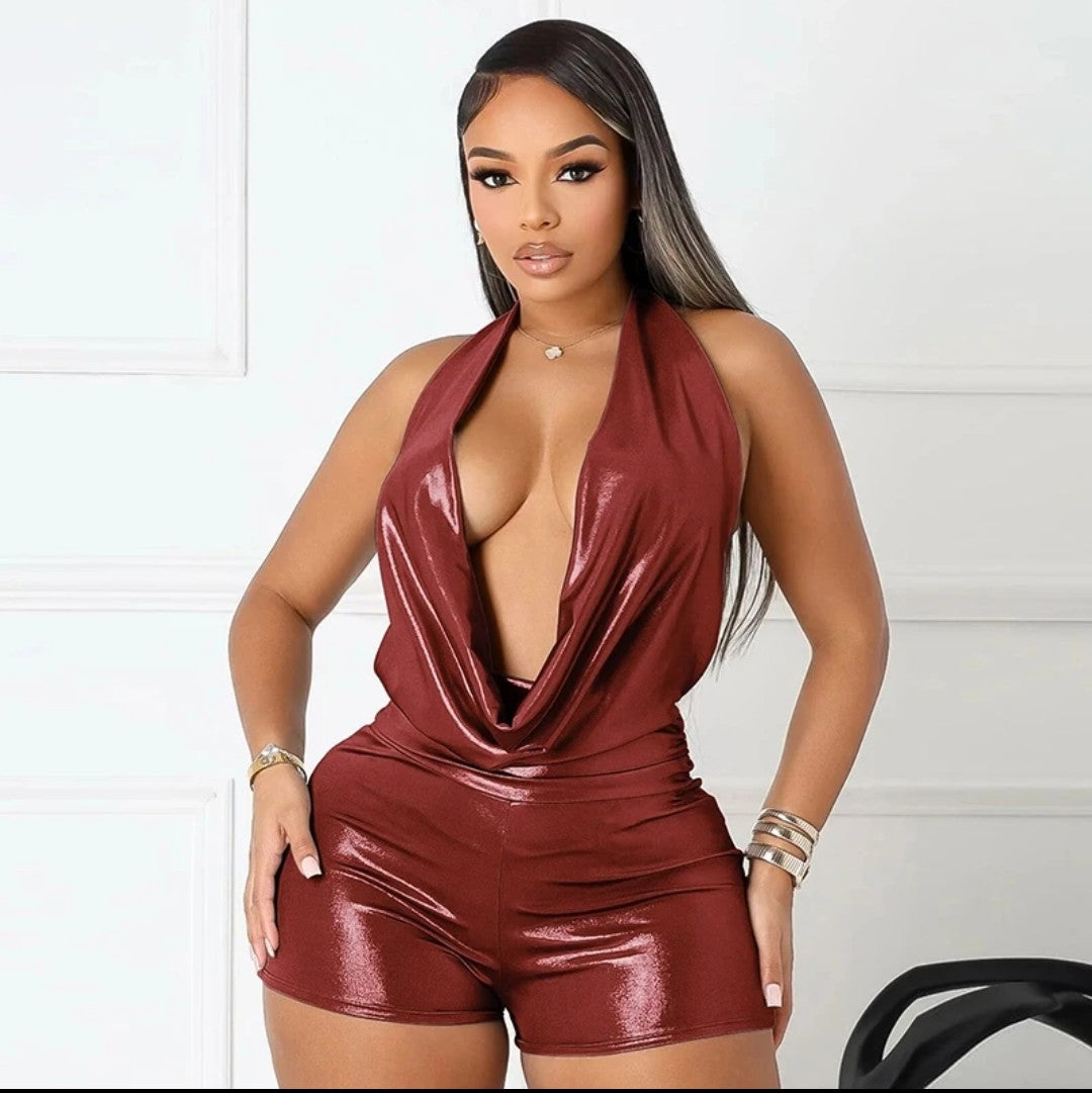 (Free Shipping)(Tariffs included in price) New Summer Women's Metallic Halter Swinging Collar Backless Top Short Jumpsuit