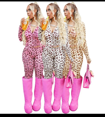 (Free Shipping)(Tariffs included in price) Leopard Print Hooded Two Piece Women Zip Up Long Sleeve And Skinny Pants Outfit