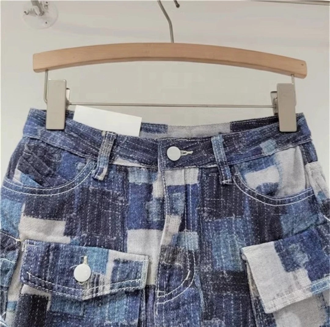 (Free Shipping) Women's denim mini skirt contrasting color multiple pocket patchwork cargo mini skirt