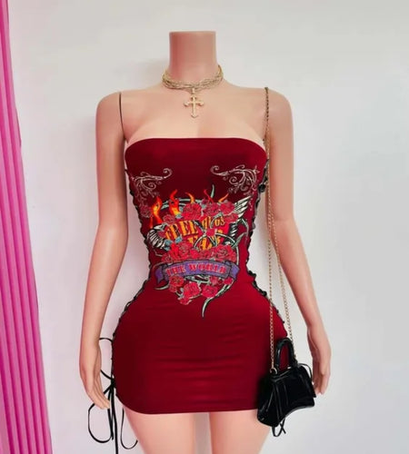 (Free Shipping)(Tariffs included in price) Summer Fashion Y2K Short Dress Retro Designer Printed Tight Lace Up Sexy Party Dress for Women