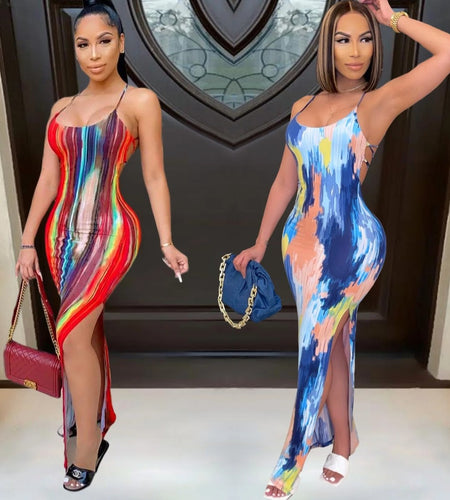 (Tariffs included in price) Summer dress features a color-blocking tie-dye print, crafted from eco-friendly and anti-wrinkle spandex material with a sleeveless silhouette and straight hem.