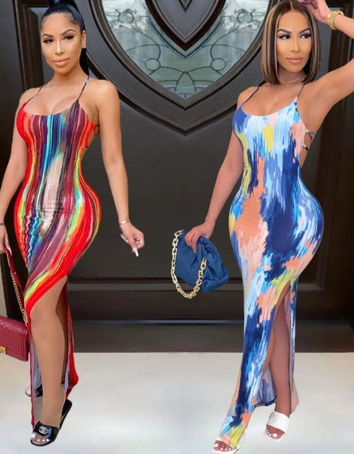 Load image into Gallery viewer, (Tariffs included in price) Summer dress features a color-blocking tie-dye print, crafted from eco-friendly and anti-wrinkle spandex material with a sleeveless silhouette and straight hem.
