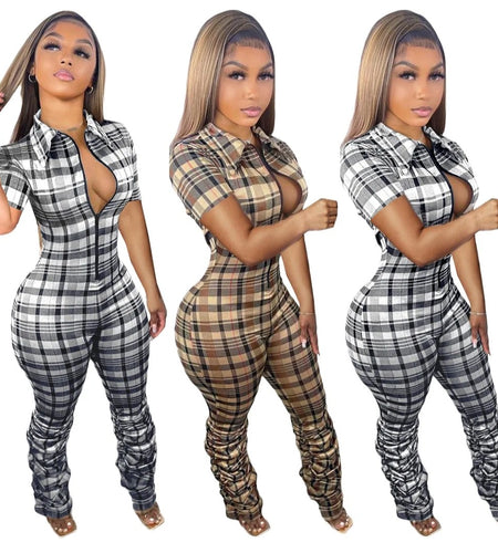 (Free Shipping)(Tariff included in price) Summer jumpsuit for women trendy plaid pattern high waistline, skinny fit, and zipper detail.