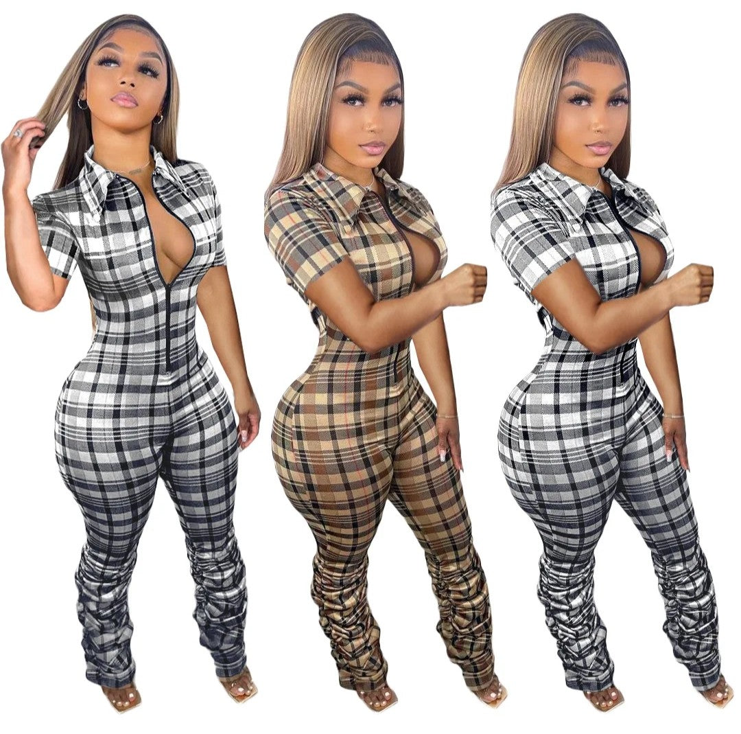 (Free Shipping)(Tariff included in price) Summer jumpsuit for women trendy plaid pattern high waistline, skinny fit, and zipper detail.